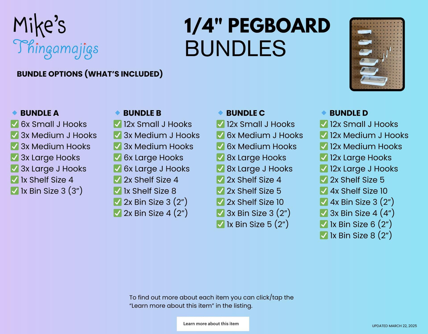 Assorted pegboard hooks J‑hooks shelves and bins in multiple sizes