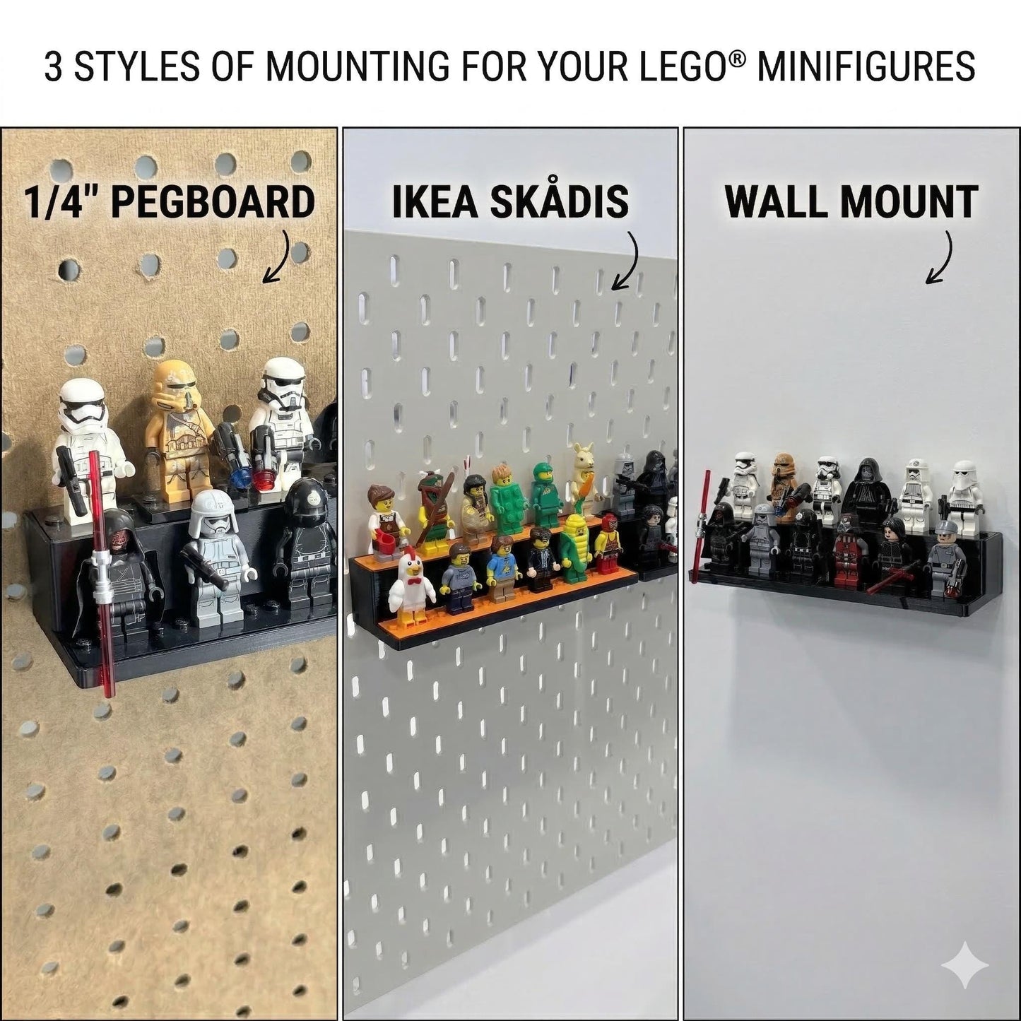 Modular LEGO Minifigure Display Shelf – Choose Your Mount – 2-Tier / 12 Minifigs
