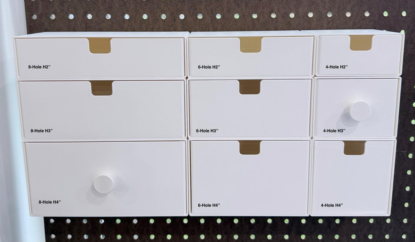 1/4 Inch Pegboard Drawers - Modular Stackable Storage Organizer - 18 Sizes & Knob Options - 3D Printed - 30+ Colors