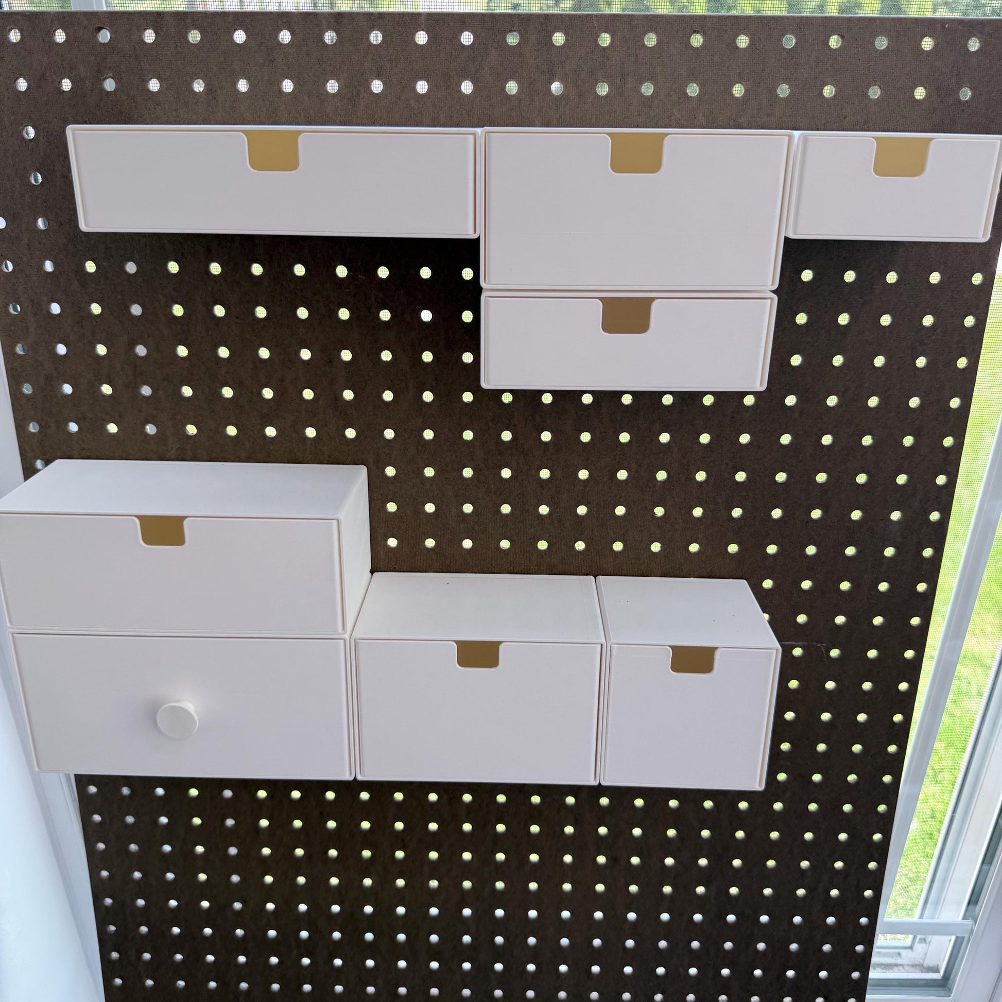 1/4 Inch Pegboard Drawers - Modular Stackable Storage Organizer - 18 Sizes & Knob Options - 3D Printed - 30+ Colors