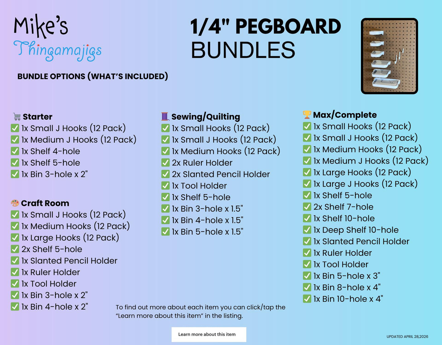 Pegboard Accessories for 1/4" Boards