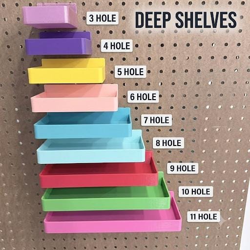 1/4" Pegboard Shelf with Built-In Pegs - 3D Printed One-Piece Clean-Fit Design - 10 Sizes, 2 Depths - 30+ Colors