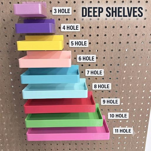 1/4" Pegboard Shelf with Built-In Pegs - 3D Printed One-Piece Clean-Fit Design - 10 Sizes, 2 Depths - 30+ Colors
