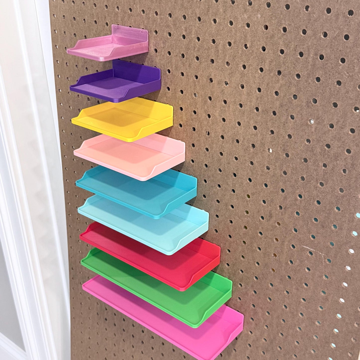 1/4" Pegboard Shelf with Built-In Pegs - 3D Printed One-Piece Clean-Fit Design - 10 Sizes, 2 Depths - 30+ Colors