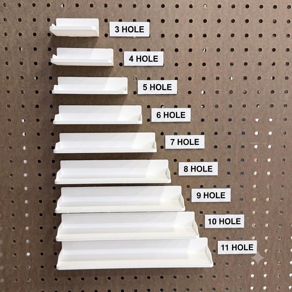 1/4" Pegboard Shelf with Built-In Pegs - 3D Printed One-Piece Clean-Fit Design - 10 Sizes, 2 Depths - 30+ Colors