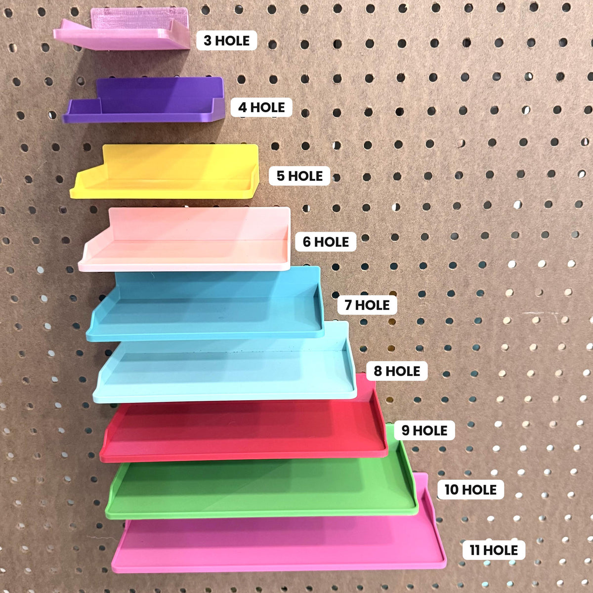1/4" Pegboard Shelf with Built-In Pegs - 3D Printed One-Piece Clean-Fit Design - 10 Sizes, 2 Depths - 30+ Colors