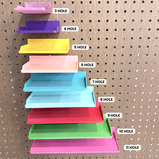 1/4" Pegboard Shelf with Built-In Pegs - 3D Printed One-Piece Clean-Fit Design - 10 Sizes, 2 Depths - 30+ Colors