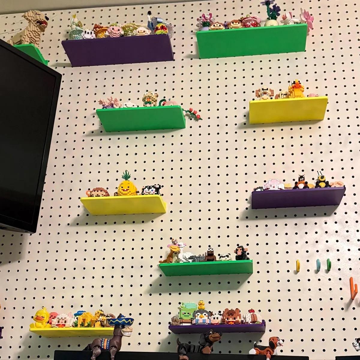 1/4" Pegboard Shelf with Built-In Pegs - 3D Printed One-Piece Clean-Fit Design - 10 Sizes, 2 Depths - 30+ Colors